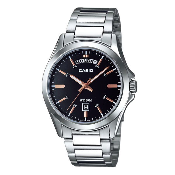 Casio Silver Stainless Steel Black Dial Quartz Watch for Gents - MTP-1370D-1A2VDF
