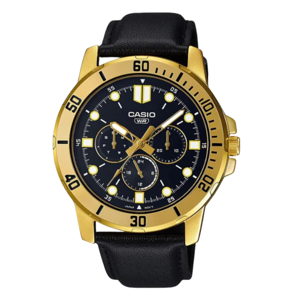Casio Enticer Black Leather Strap Black Dial Quartz Watch for Gents - MTP-VD300GL-1EUDF