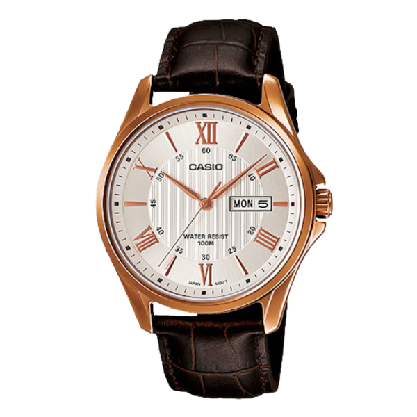 Casio Enticer Brown Leather Strap Silver Dial Quartz Watch for Gents - MTP-1384L-7AVDF