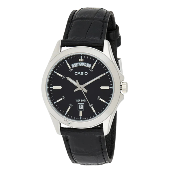 Casio Enticer Black Leather Strap Black Dial Quartz Watch for Gents - MTP-1370L-1AVDF