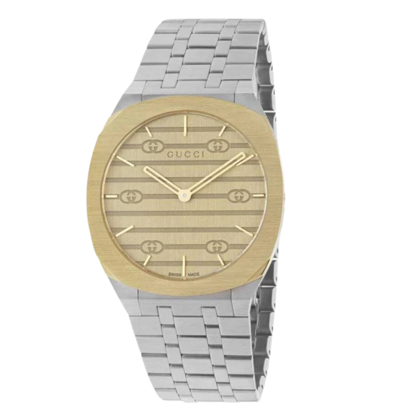 Gucci 25H Silver Stainless Steel Gold Dial Quartz Unisex Watch - YA163405