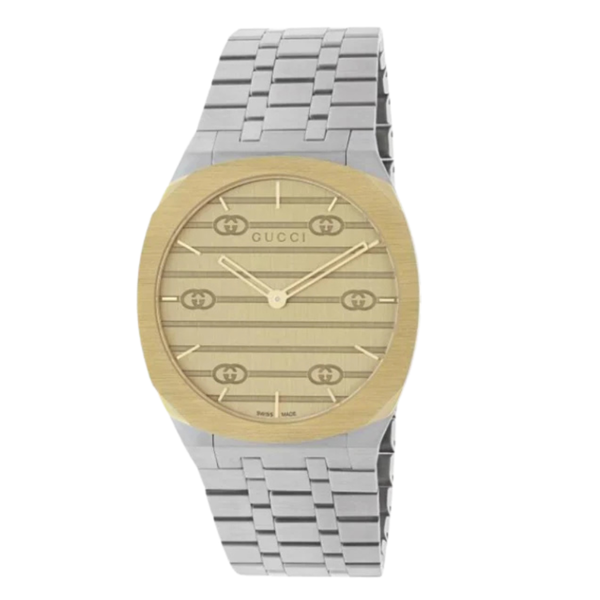 Gucci 25H Silver Stainless Steel Gold Dial Quartz Unisex Watch - YA163403