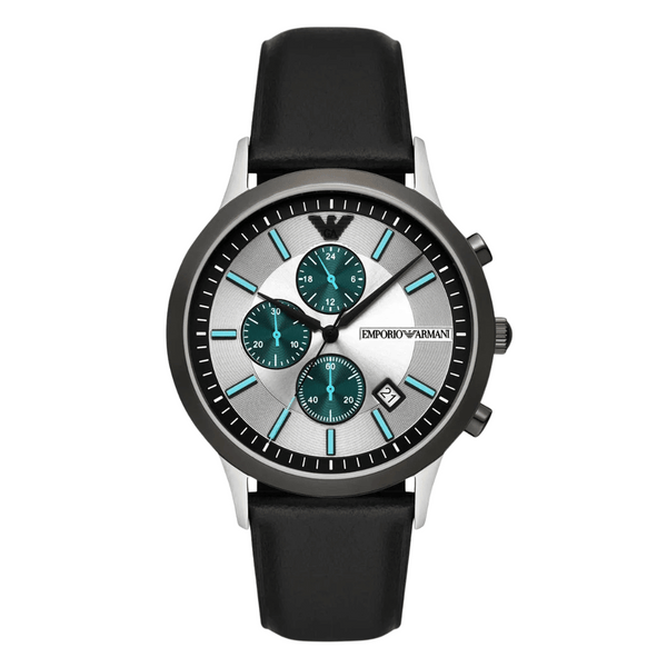 EMPORIO ARMANI Renato Black Leather Strap Silver Dial Chronograph Quartz Watch for Gents - AR11473