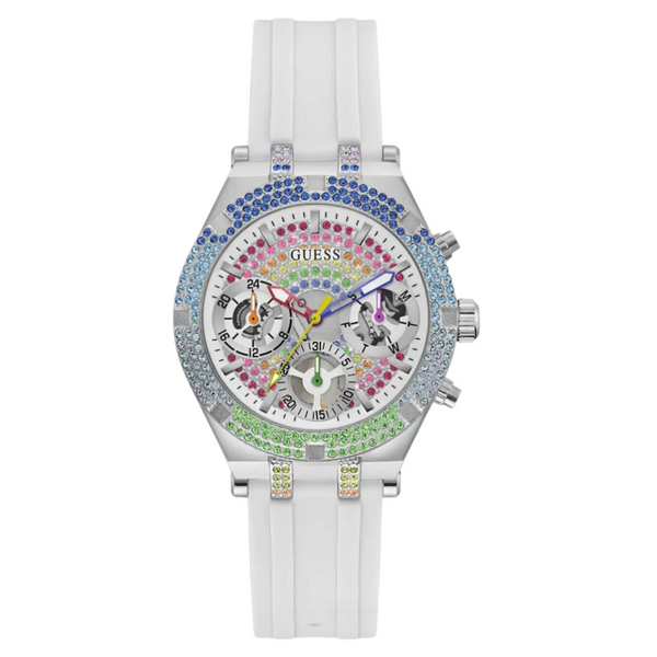 Guess Heiress White Silicone Strap White Dial Chronograph Quartz Watch for Ladies - GW0407L4