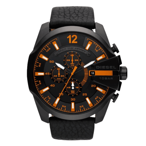 Diesel Mega Chief Black Leather Strap Black Dial Chronograph Quartz Watch for Gents - DZ4291