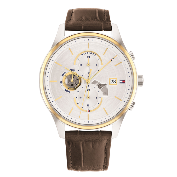Tommy Hilfiger Weston Brown Leather Strap Silver Dial Chronograph Quartz Watch for Gents - 1710501