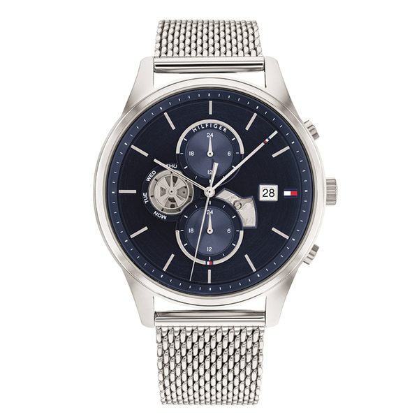 Tommy Hilfiger Weston Silver Mesh Bracelet Blue Dial Chronograph Quartz Watch for Gents - 1710504
