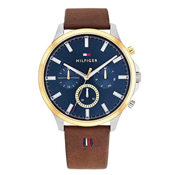 Tommy Hilfiger Ryder Brown Leather Strap Blue Dial Chronograph Quartz Watch for Gents - 1710496
