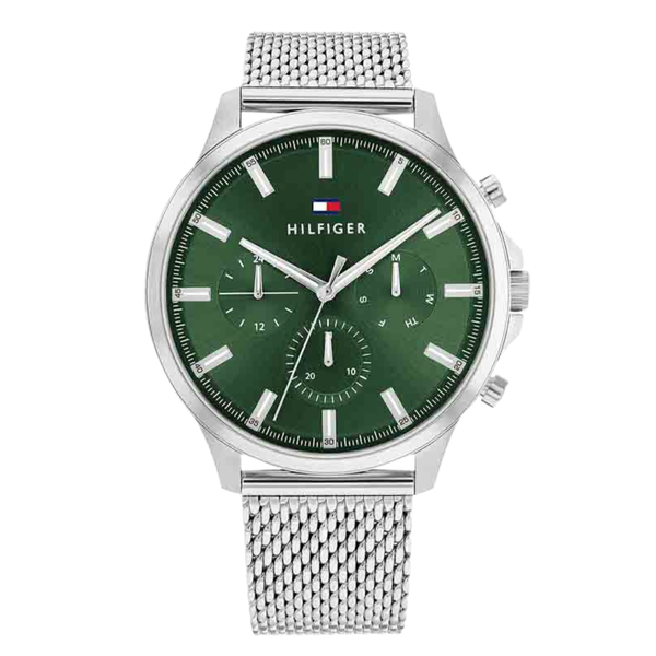 Tommy Hilfiger Ryder Silver Mesh Bracelet Green Dial Chronograph Quartz Watch for Gents - 1710499