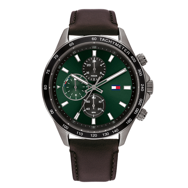 Tommy Hilfiger Miles Brown Leather Strap Green Dial Chronograph Quartz Watch for Gents - 1792017