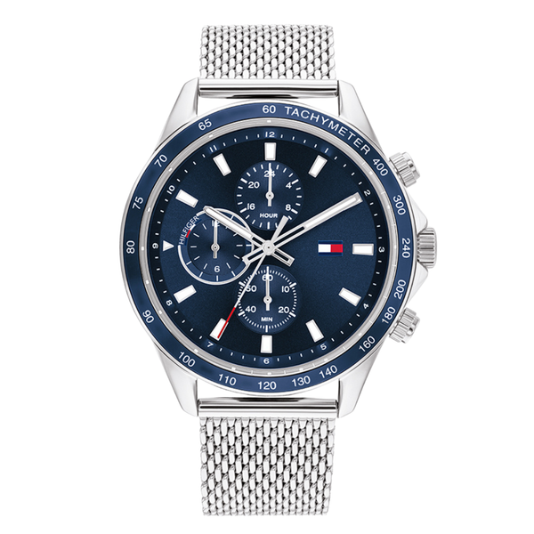 Tommy Hilfiger Miles Silver Mesh Bracelet Blue Dial Chronograph Quartz Watch for Gents - 1792018
