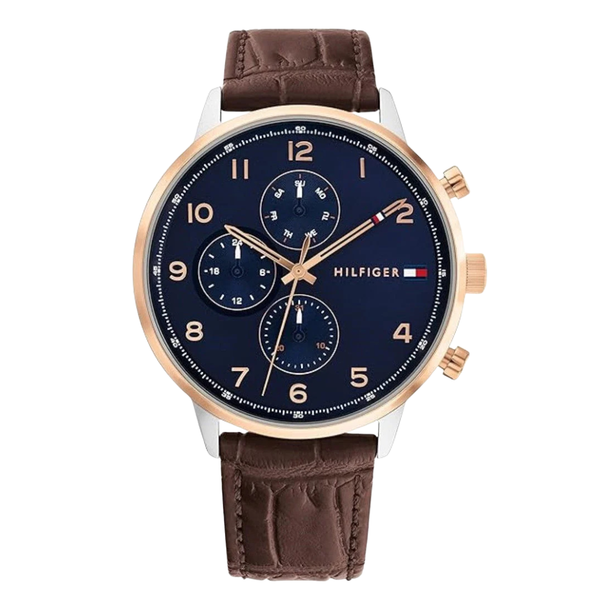 Tommy Hilfiger Leonard Brown Leather Strap Blue Dial Chronograph Quartz Watch for Gents - 1791987