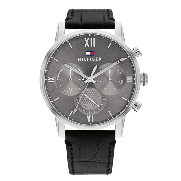 Tommy Hilfiger Sullivan Black Leather Strap Grey Dial Chronograph Quartz Watch for Gents - 1791883