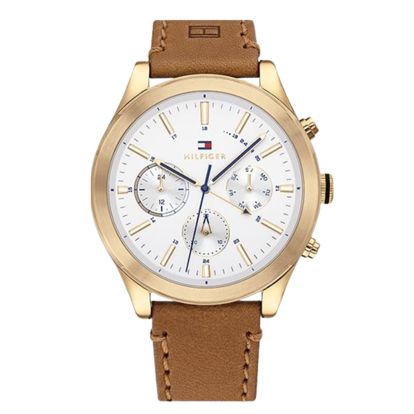 Tommy Hilfiger Ashton Brown Leather Strap Silver Dial Chronograph Quartz Watch for Gents - 1791742