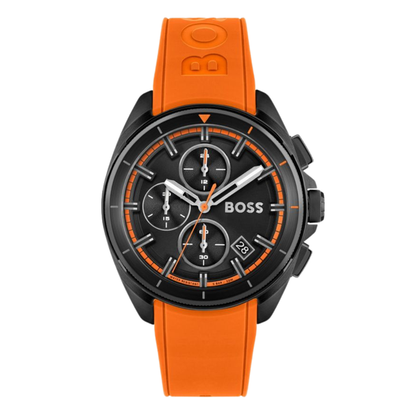 HUGO BOSS Volane Orange Silicone Strap Black Dial Chronograph Quartz Watch for Gents - 1513957