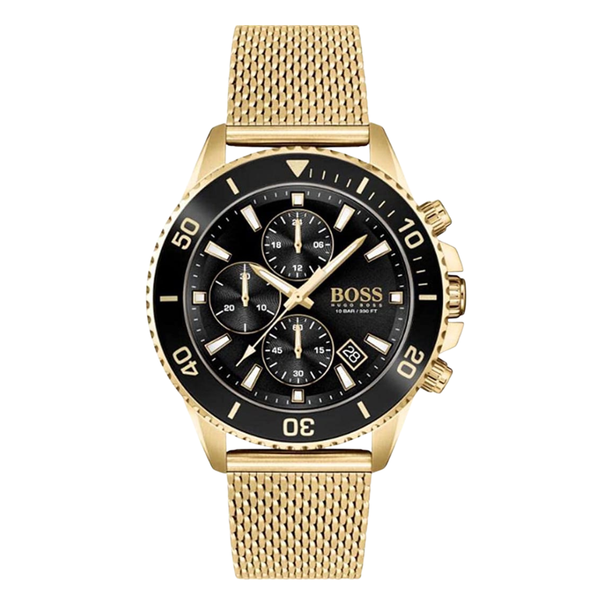 HUGO BOSS Admiral Gold Mesh Bracelet Black Dial Chronograph Quartz Watch for Gents - 1513906