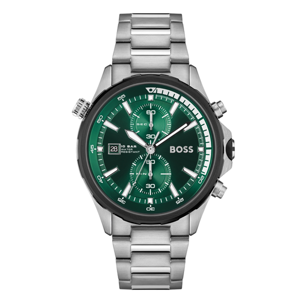 HUGO BOSS Globetrotter Silver Stainless Steel Green Dial Chronograph Quartz Watch for Gents - 1513930