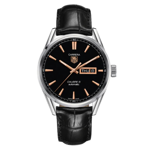 Tag Heuer Carrera Calibre 5 Black Leather Strap Black Dial Automatic Watch for Gents - WAR201C.FC6266