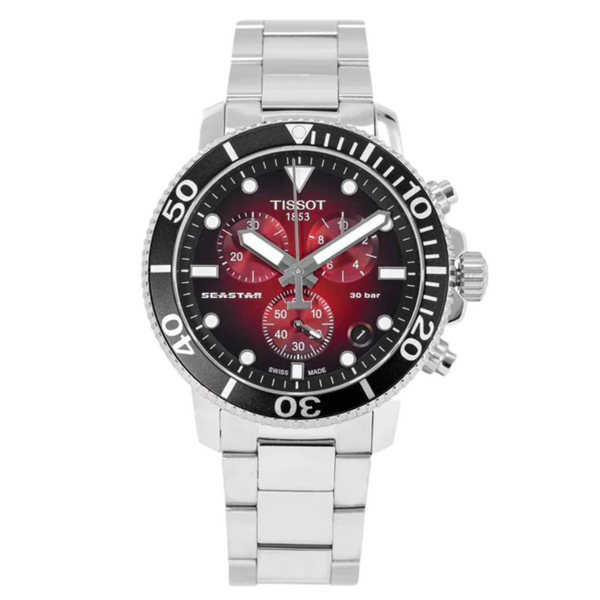 Tissot Seastar 1000 Silver Stainless Steel Red Dial Chronograph Quartz Watch for Men's - T.120.417.11.421.00