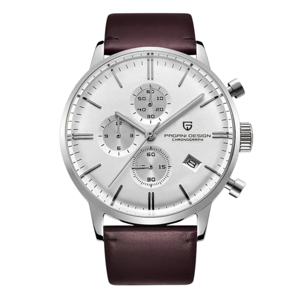 Pagani Design Brown Leather Strap White Dial Chronograph Quartz Watch for Gents - PD2720K