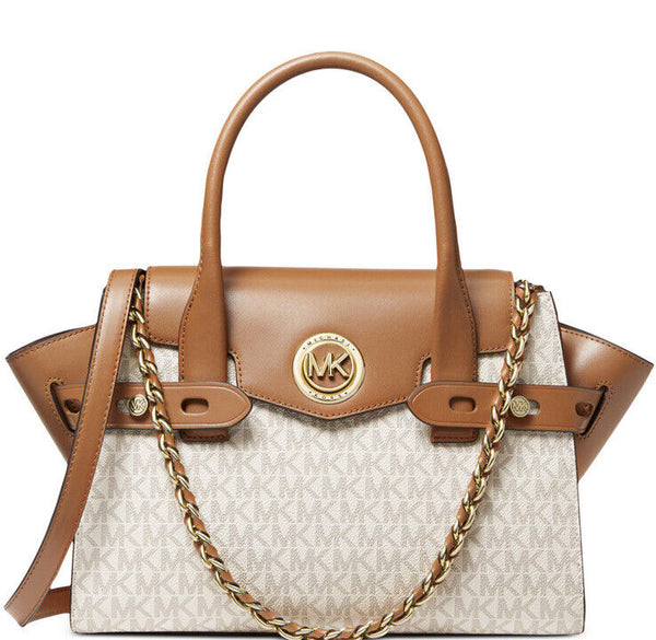 Michael Kors Carmen Small Logo and Leather Belted Satchel In Vanilla/Acorn - 30SOGNMS1B