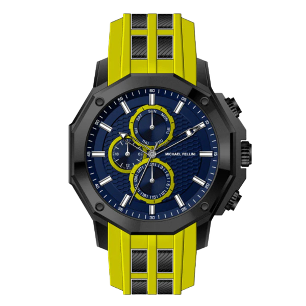 Michael Fellini Yellow Silicone Strap Blue Dial Chronograph Quartz Watch for Gents - MF-2346-04
