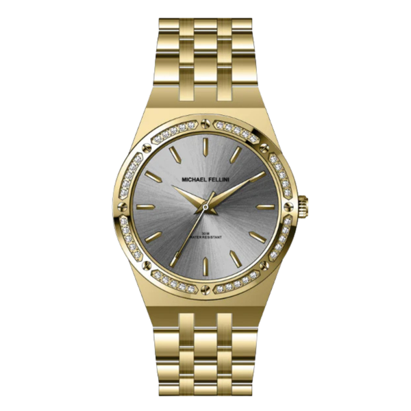 Michael Fellini Gold Stainless Steel Gray Dial Quartz Watch for Ladies - MF2355-04