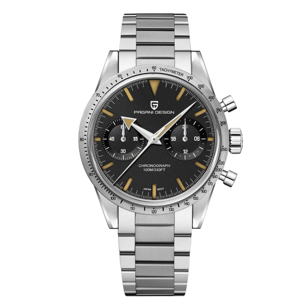 Pagani Design Silver Stainless Steel Black Dial Chronograph Quartz Watch for Gents - PD1766