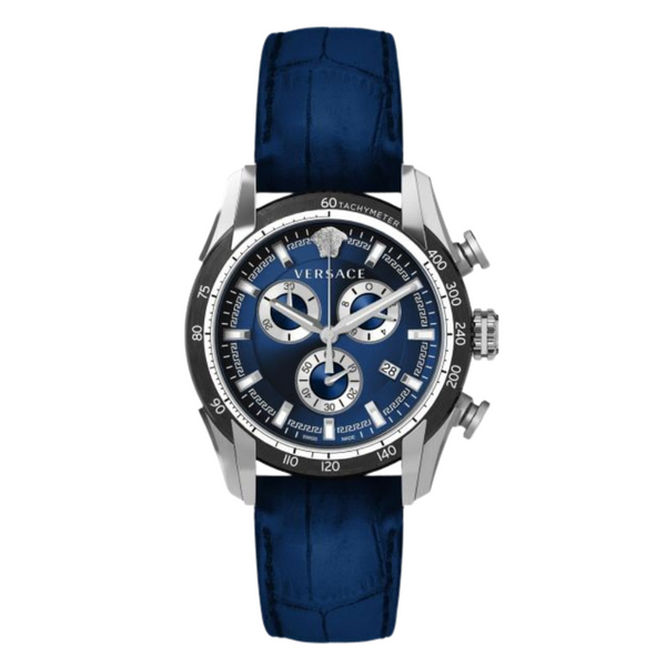 Versace V-Ray Navy Blue Leather Strap Navy Blue Dial Chronograph Quartz Watch for Gents - VE2I00721