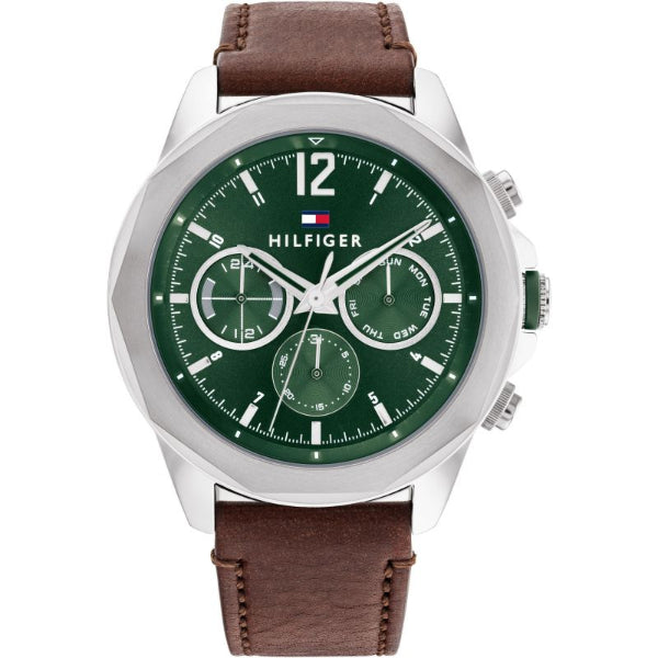 Tommy Hilfiger Lars Brown Leather Strap Green Dial Chronograph Quartz Watch for Gents - 1792064