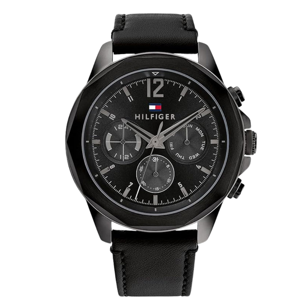 Tommy Hilfiger Lars Black Leather Strap Black Dial Chronograph Quartz Watch for Gents - 1792062