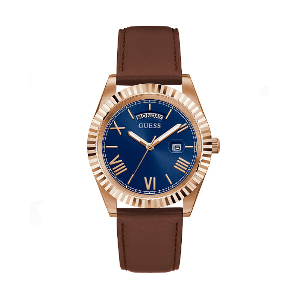 Guess Eco-Friendly Brown Leather Strap Blue Dial Quartz Watch for Gents - GW0353G2