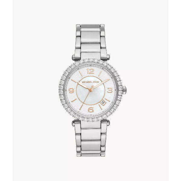 Michael Kors Parker Lux Silver Stainless Steel Mother Of Pearl Dial Quartz Watch for Ladies - MK-4694