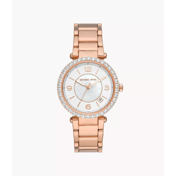 Michael Kors Parker Lux Rose Gold Stainless Steel Mother Of Pearl Dial Quartz Watch for Ladies - MK-4695