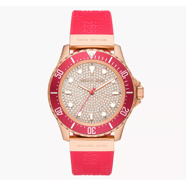Michael Kors Everest Red Silicone Strap Pave, Rose Gold Dial Quartz Watch for Ladies - MK-7359