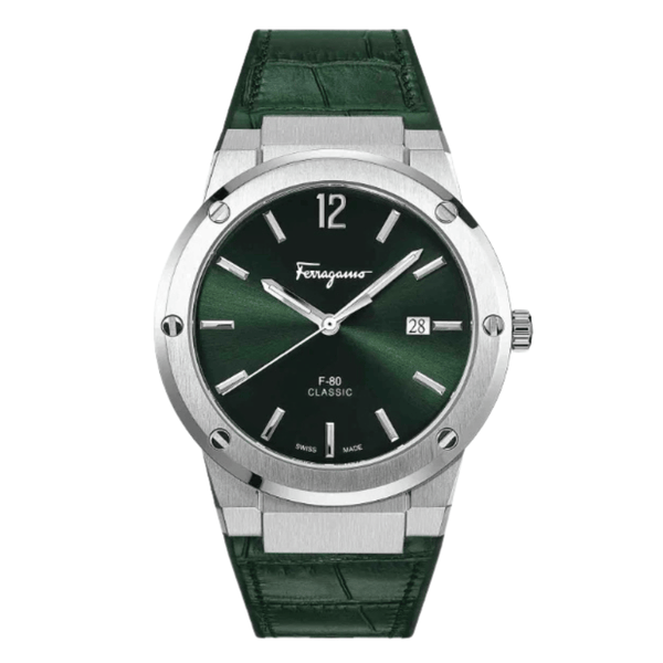 Ferragamo F-80 Classic Green Leather Strap Green Dial Quartz Watch For Gents - Sfdt00119