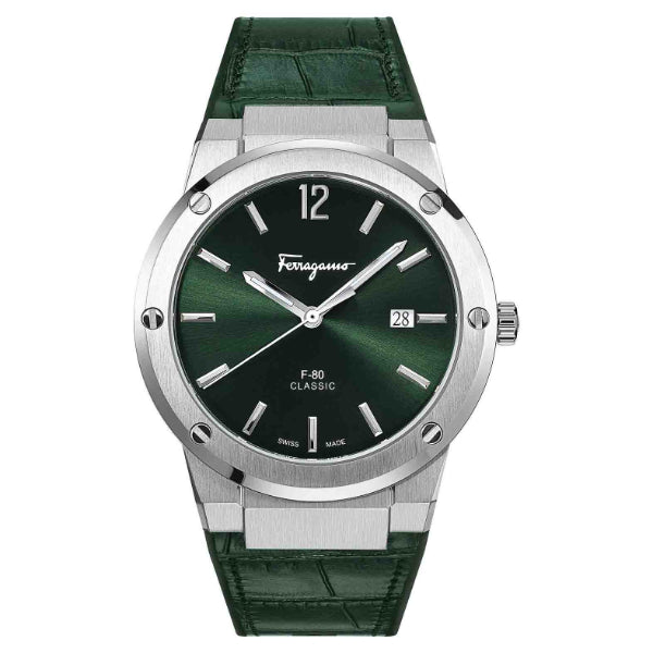 Ferragamo F-80 Classic Green Leather Strap Green Dial Quartz Watch For Gents - Sfdt00119