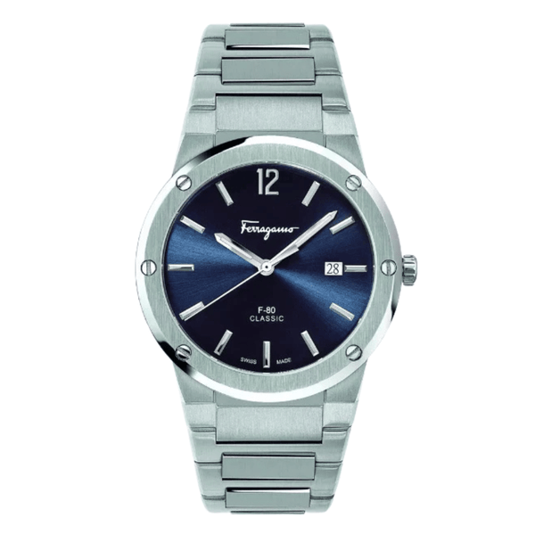 Ferragamo F-80 Classic Silver Stainless Steel Blue Dial Quartz Watch For Gents - Sfdt01320