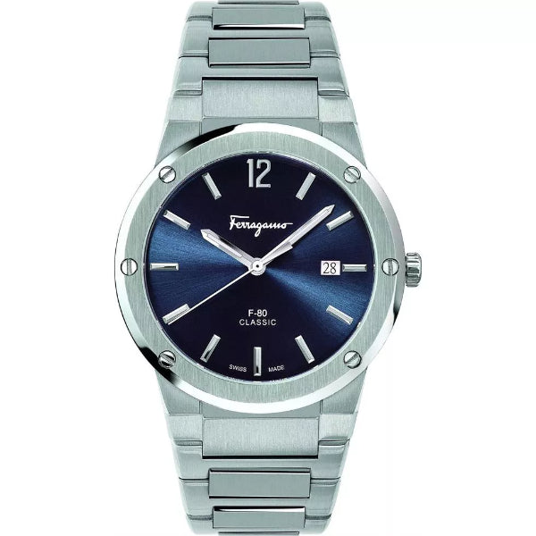 Ferragamo F-80 Classic Silver Stainless Steel Blue Dial Quartz Watch For Gents - Sfdt01320