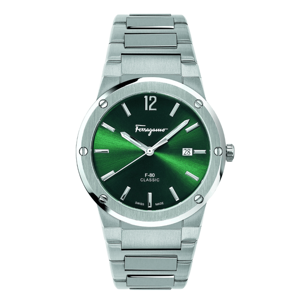 Ferragamo F-80 Classic Silver Stainless Steel Green Dial Quartz Watch For Gents - Sfdt01220