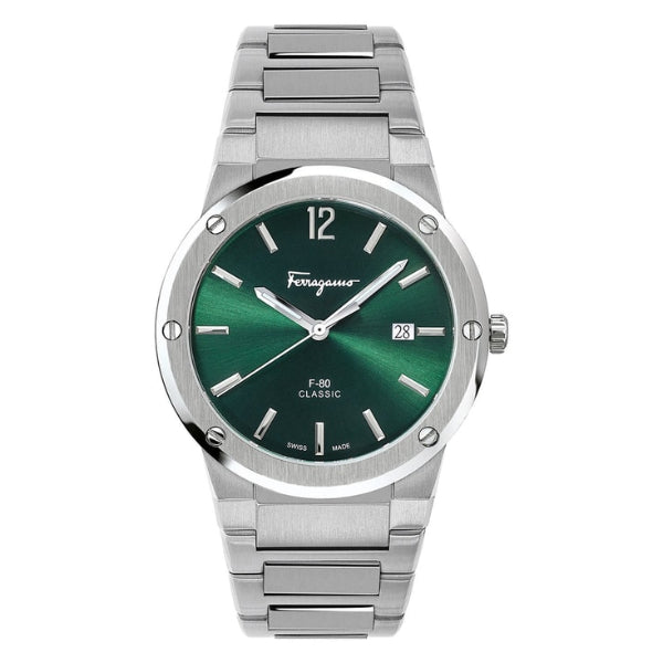 Ferragamo F-80 Classic Silver Stainless Steel Green Dial Quartz Watch For Gents - Sfdt01220