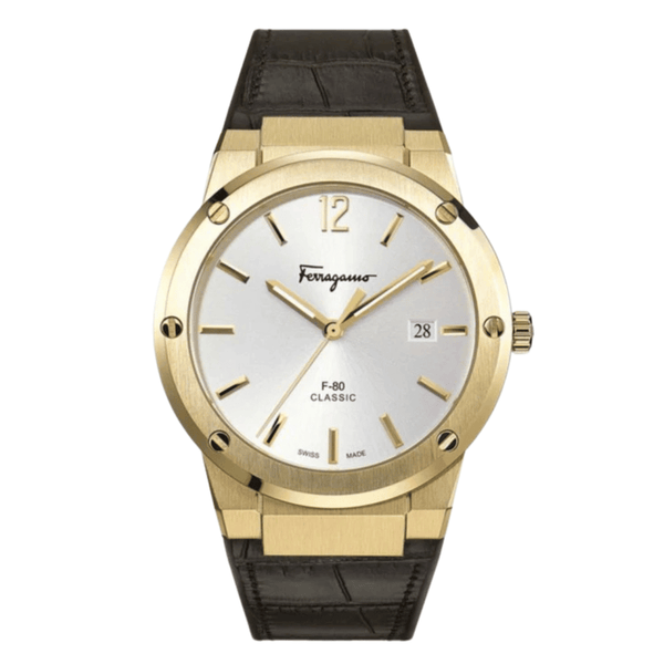 Ferragamo F-80 Classic Brown Leather Strap Silver Dial Quartz Watch For Gents - Sfdt00419