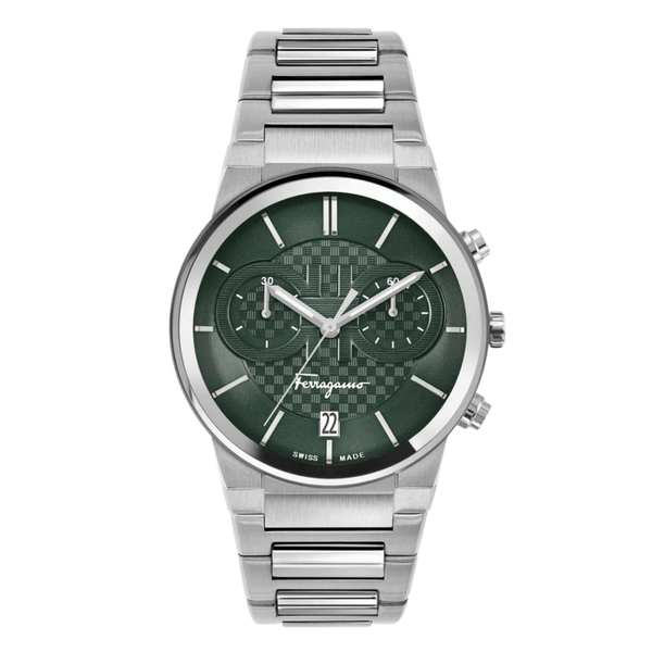 Ferragamo Sapphire Silver Stainless Steel Green Dial Chronograph Quartz Watch For Gents - Sfme00421
