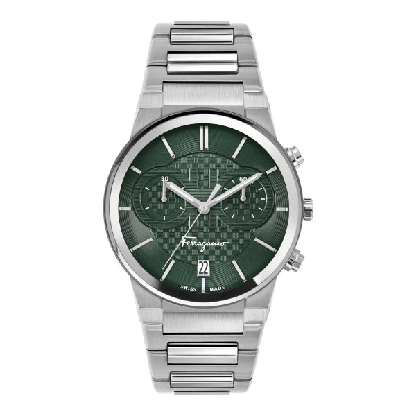 Ferragamo Sapphire Silver Stainless Steel Green Dial Chronograph Quartz Watch For Gents - Sfme00421