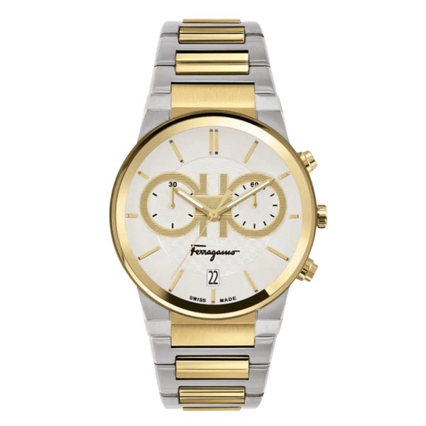 Ferragamo Sapphire Two-Tone Stainless Steel White Dial Chronograph Quartz Watch For Gents - Sfme00821