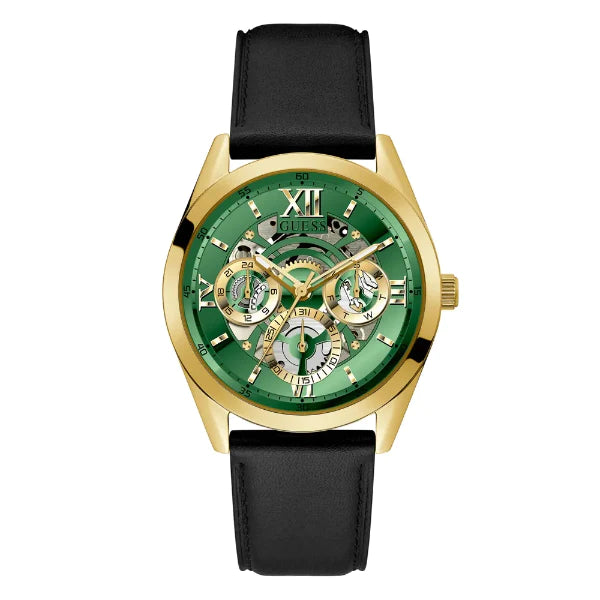 Guess Black Leather Strap Green Dial Quartz Watch for Gents - GW0389G7