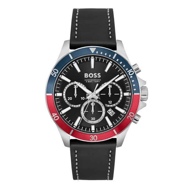 Hugo Boss Troper Black Leather Strap Black Dial Chronograph Quartz Watch for Gents - 1514099