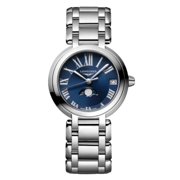 Longines PrimaLuna Moonphase Silver Stainless Steel Blue Dial Quartz Watch for Ladies - L8.115.4.91.6