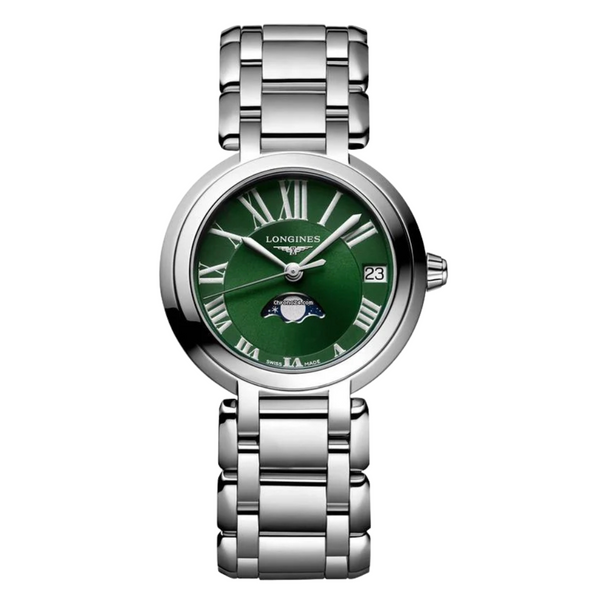 Longines PrimaLuna Moonphase Silver Stainless Steel Green Dial Quartz Watch for Ladies - L8.115.4.61.6