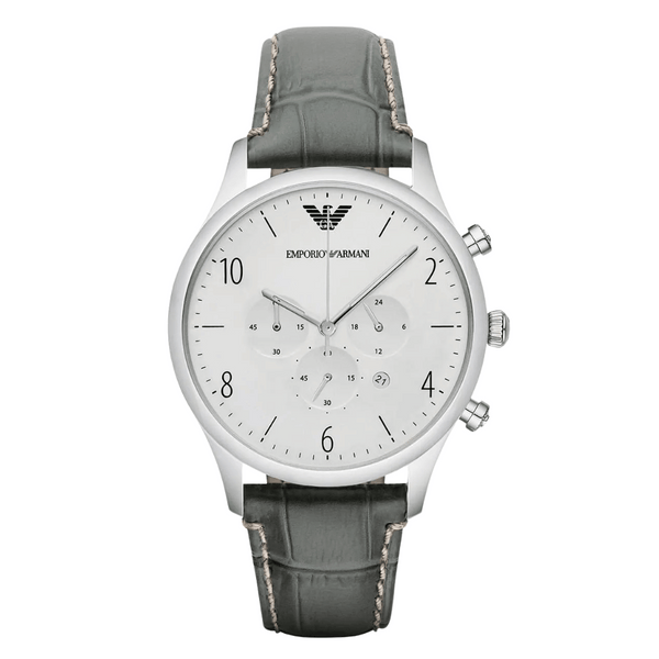 Emporio Armani Classic Black Leather Strap Silver Dial Chronograph Quartz Watch for Gents - AR1861